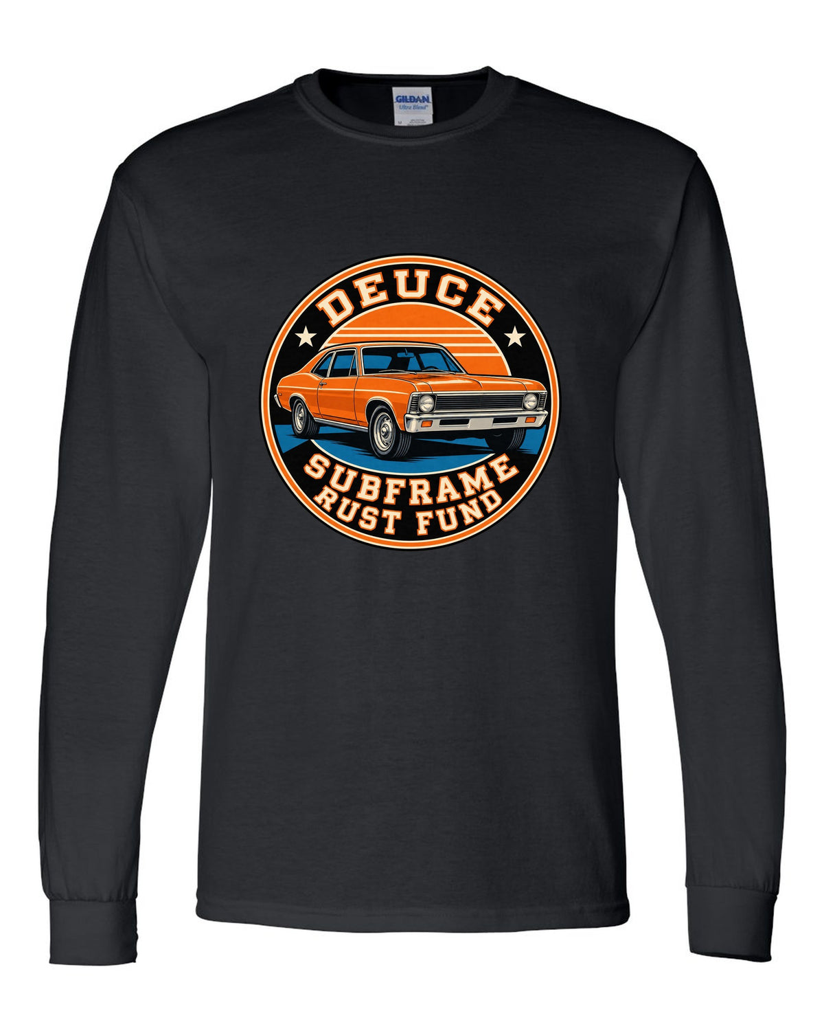 1968 Nova X-body in a round varsity crest with text Deuce Subframe Rust Fund black long sleeve front view with the design