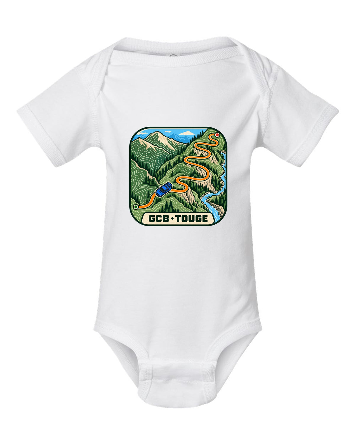 Subaru Impreza WRX GC8 touge route drawn as a topographic contour map, GC8 / TOUGE white baby onesie front view with the design