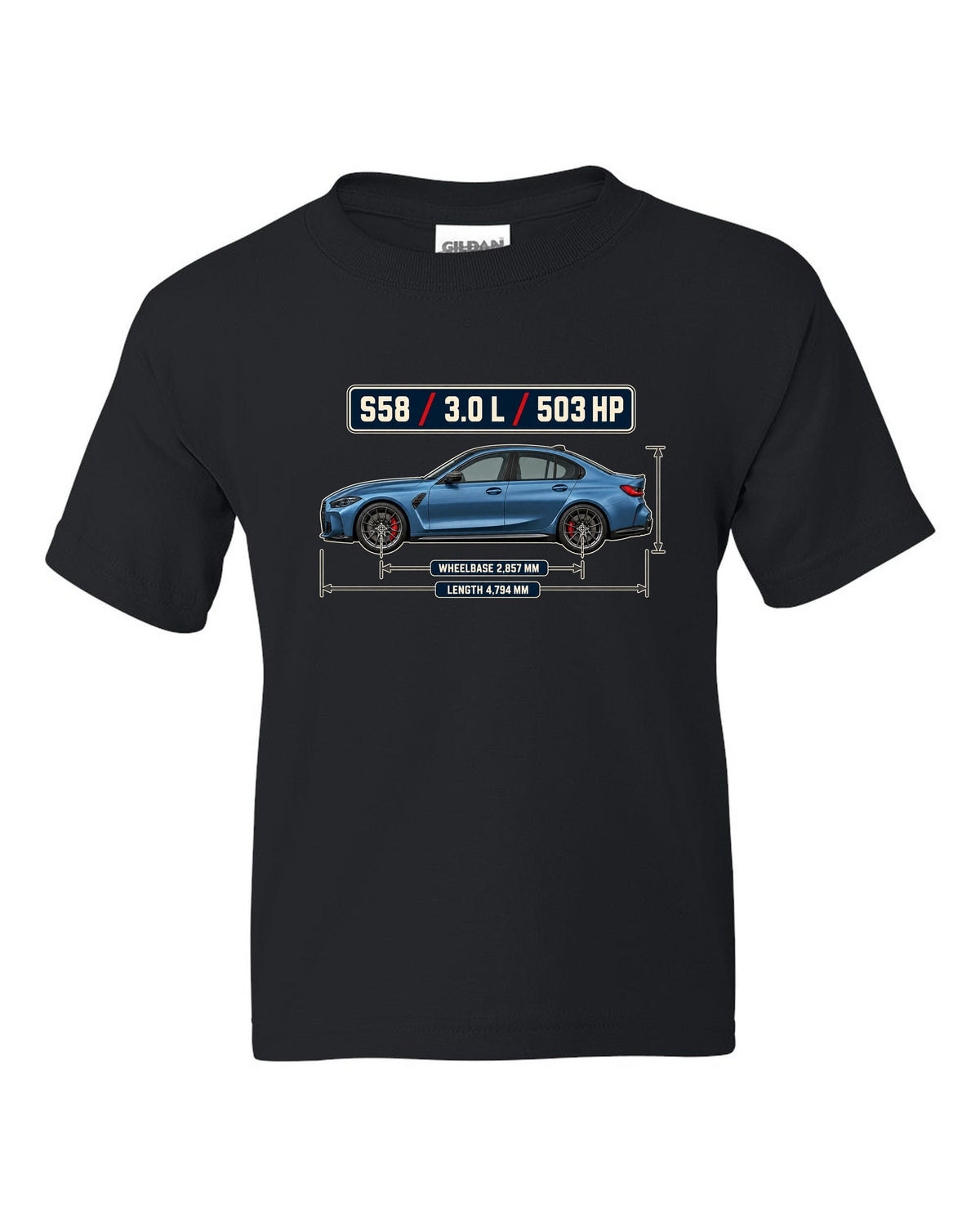 BMW M3 Competition G80 dimension blueprint print with S58 specs black kids tee front view with the design