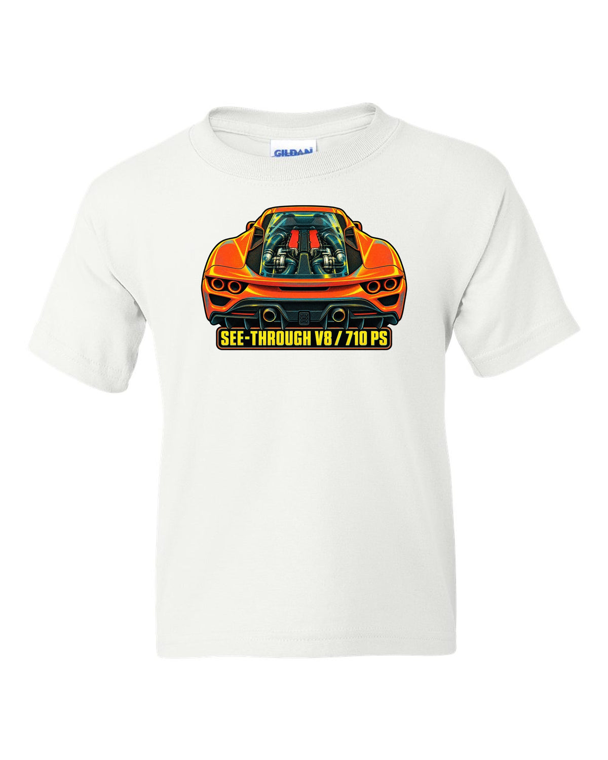 Risograph style print of the Ferrari F8 Tributo transparent engine cover and V8 white kids tee front view with the design