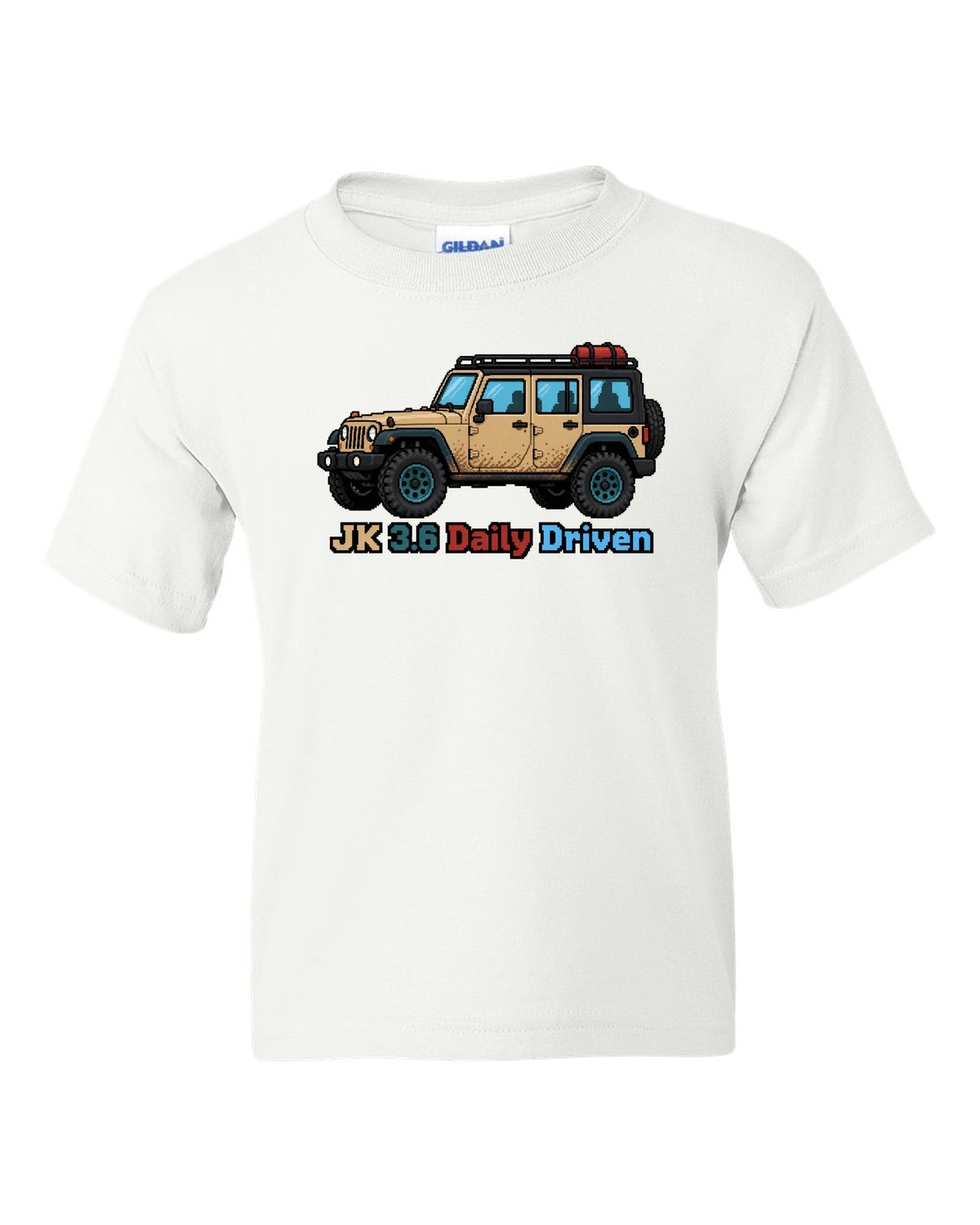 Jeep Wrangler JK 16-bit pixel art design with JK 3.6 daily driven text white kids tee front view with the design