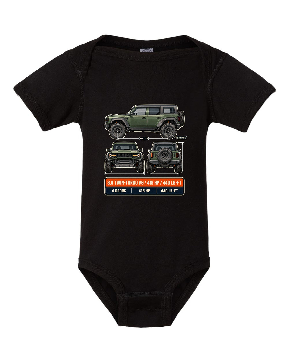 Ford Bronco Raptor three-view drawing with spec table print black baby onesie front view with the design