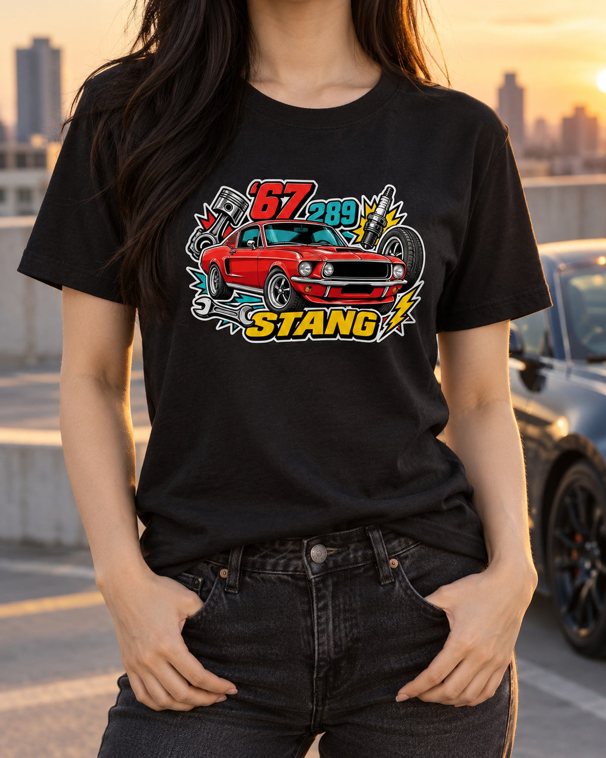 1967 Ford Mustang Fastback 289 Sticker Bomb Shirt, Car Guy Tee T-Shirt Black worn hero