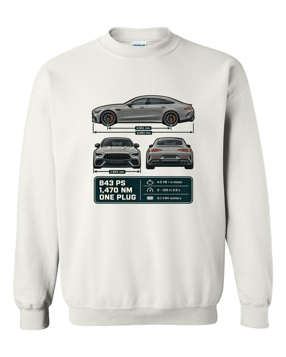 Mercedes-AMG GT 63 S E Performance 4-Door three-view warm grey print white crewneck front view with the design