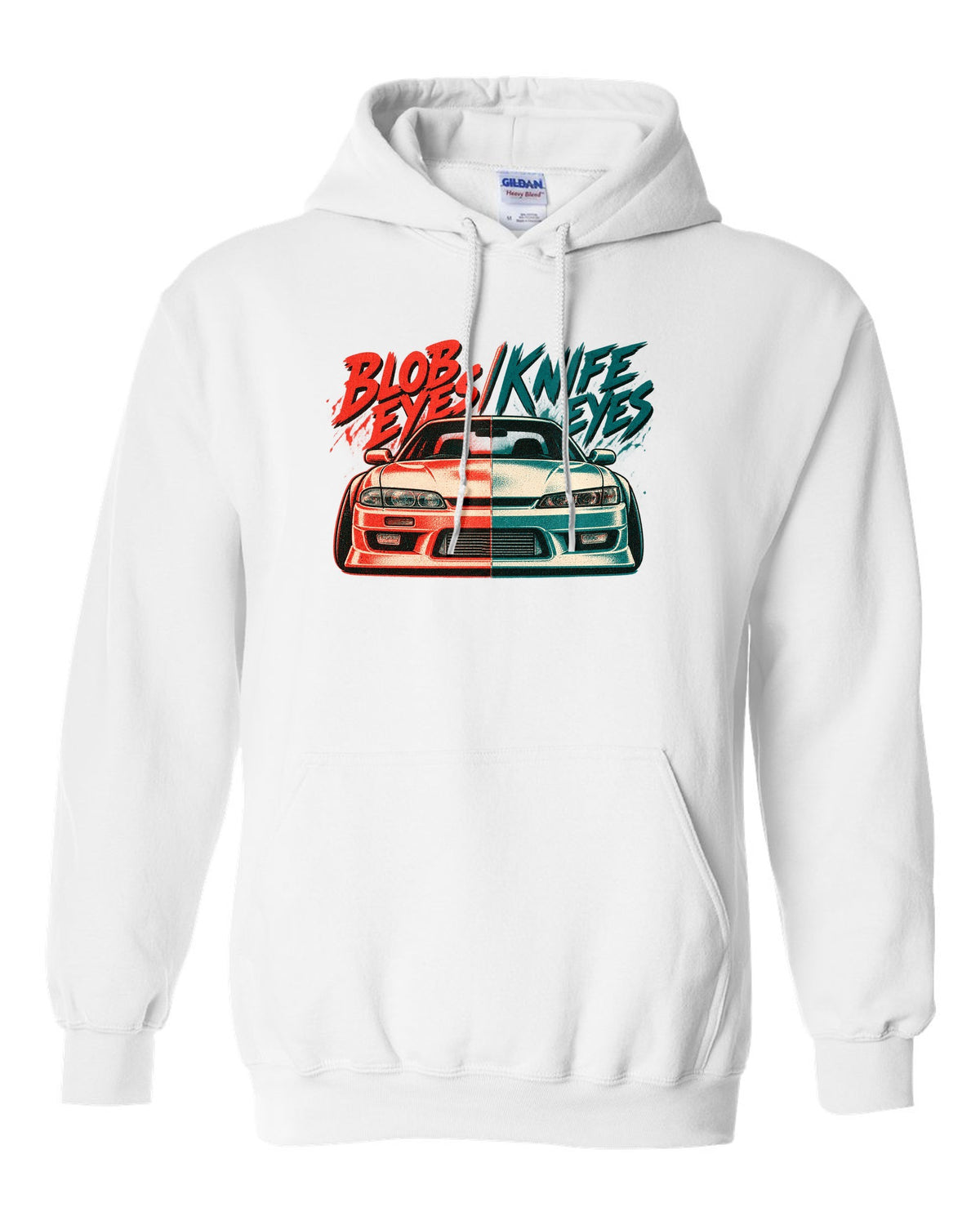 Risograph two-colour print comparing Nissan Silvia S14 zenki and kouki front ends white pull over hoodie front view with the design