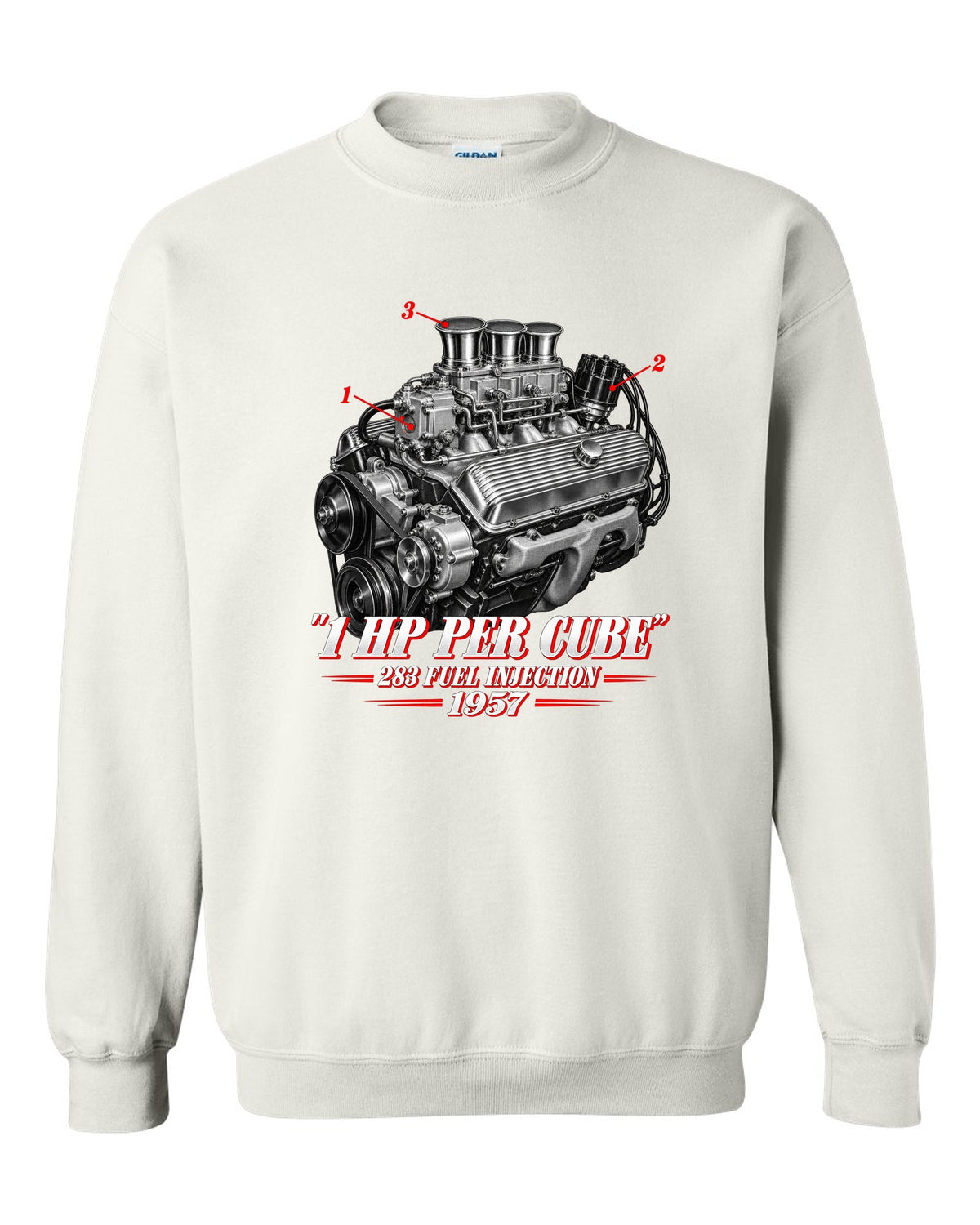 Chevrolet Corvette C1 1957 fuel-injected 283 engine print white crewneck front view with the design