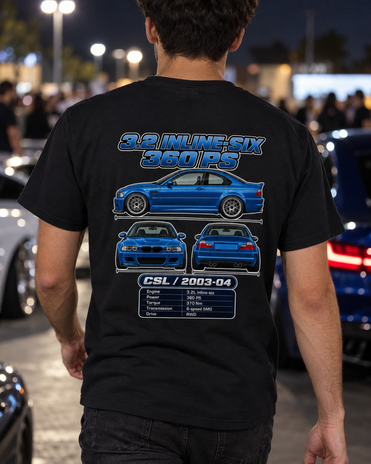 BMW M3 Csl E46 Spec Sheet Full-Back Graphic Tee T-Shirt Black worn hero