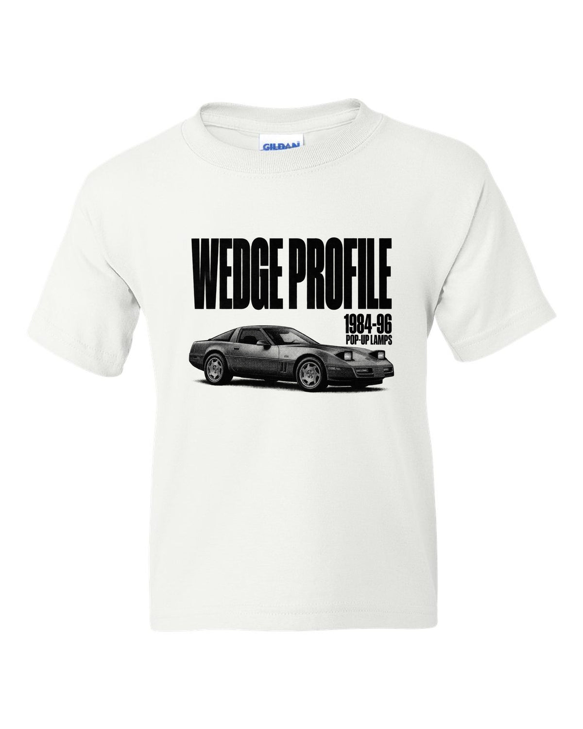 Chevrolet Corvette C4 1989 coupe wedge profile halftone print white kids tee front view with the design
