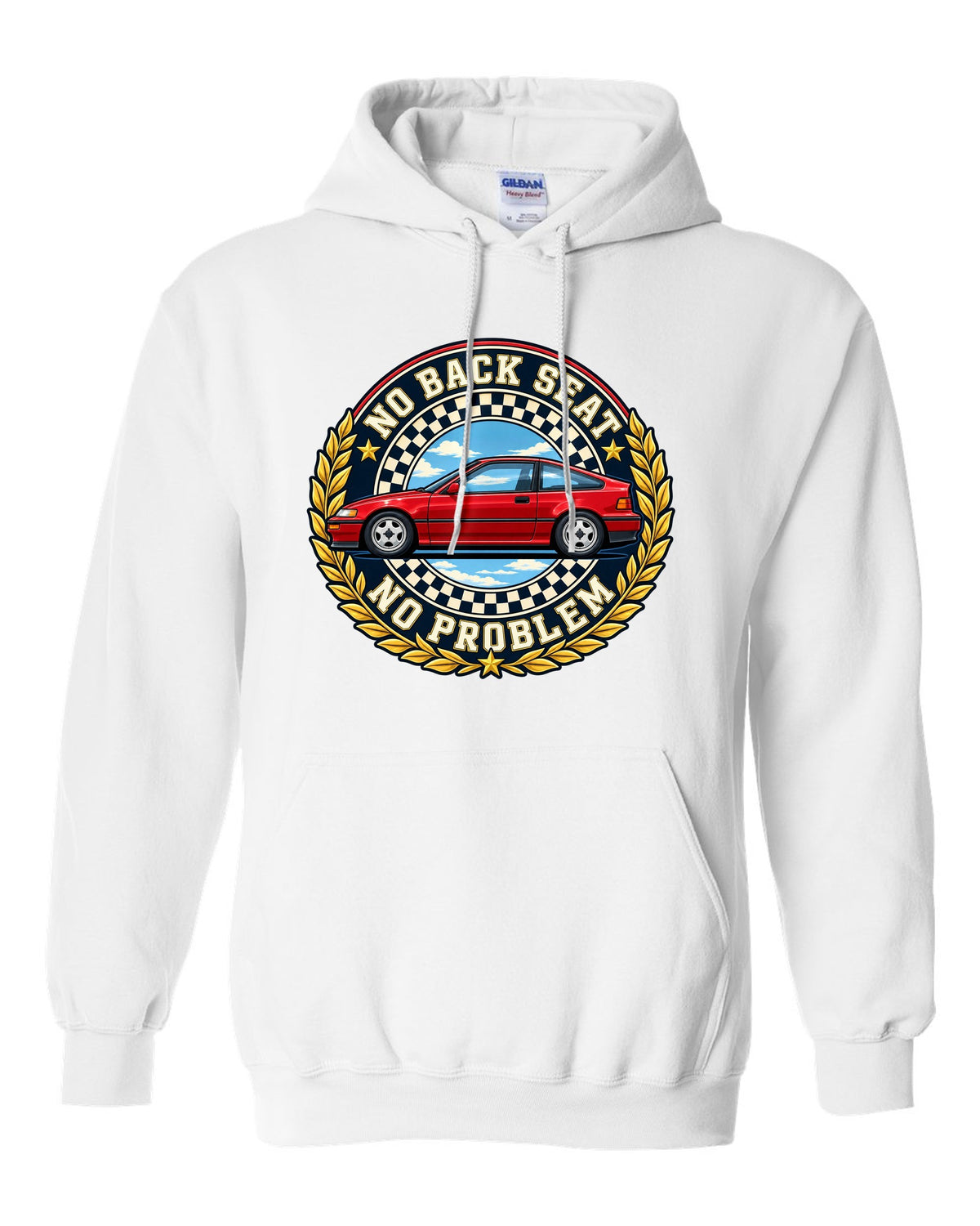 Crest layout print for the Honda CRX EF8 with no back seat text white pull over hoodie front view with the design