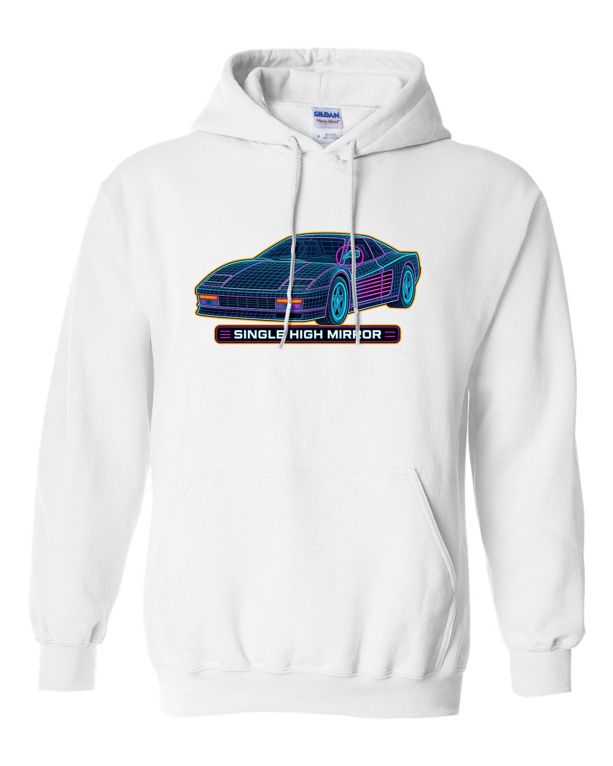 Wireframe CAD mesh print of the Ferrari Testarossa F110 with the text single high mirror white pull over hoodie front view with the design