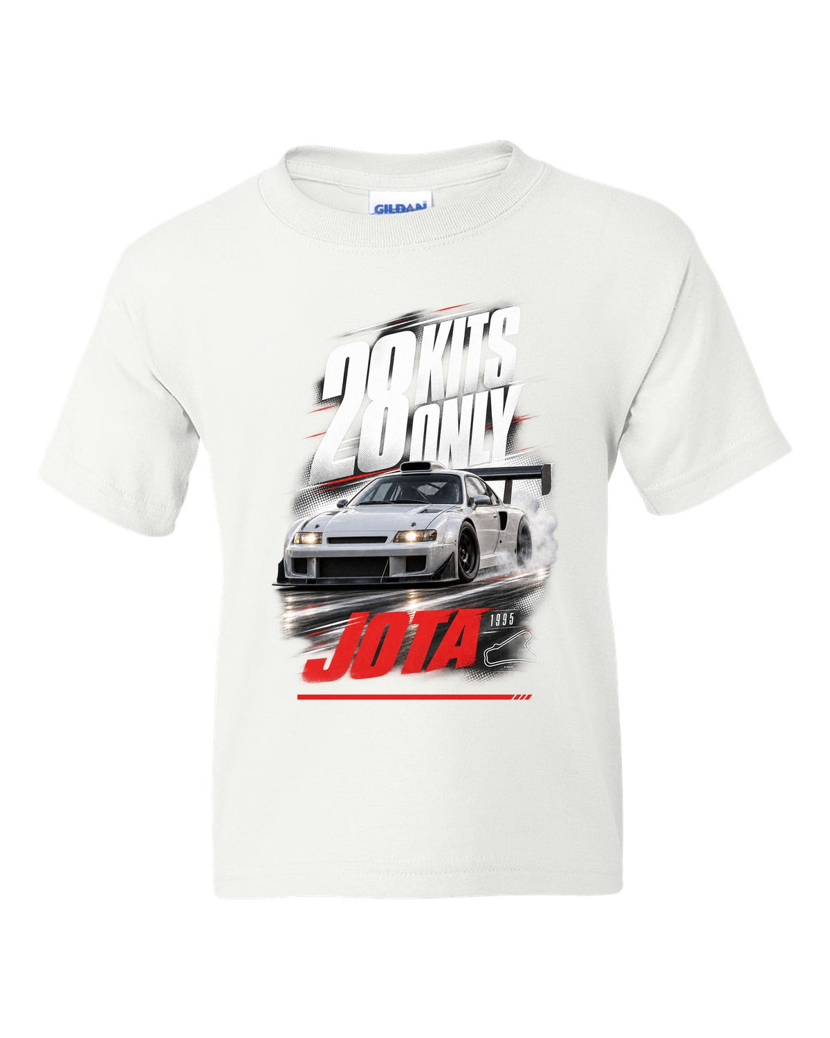 Race poster print of a Lamborghini Diablo SE30 Jota with 28 kits only text white kids tee front view with the design