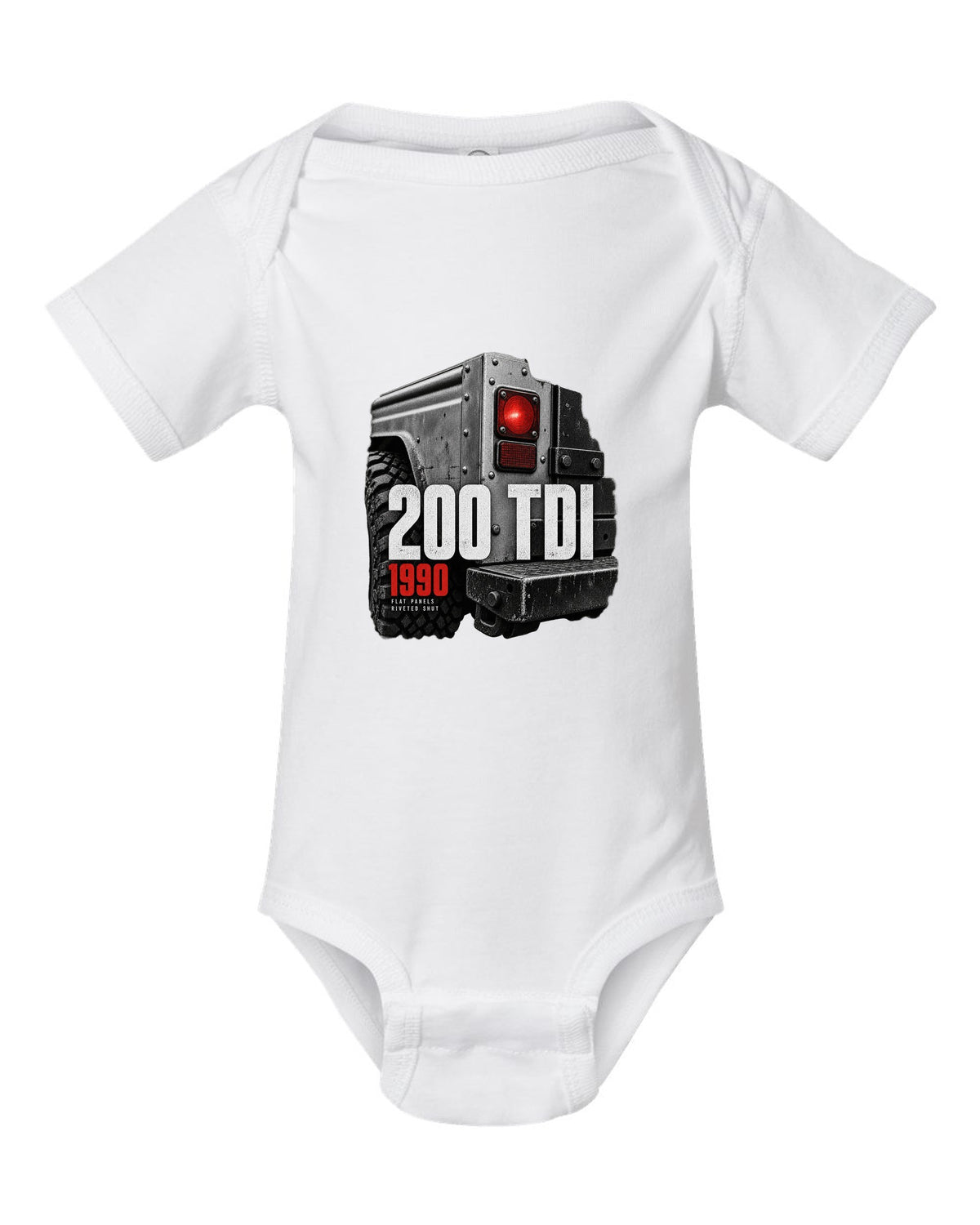 Land Rover Defender 200 Tdi taillight and riveted panel macro print white baby onesie front view with the design