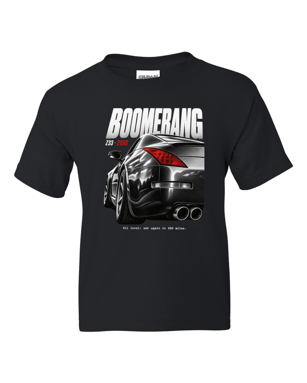 print of Nissan 350Z Z33 boomerang tail lights with an oil level joke caption black kids tee front view with the design