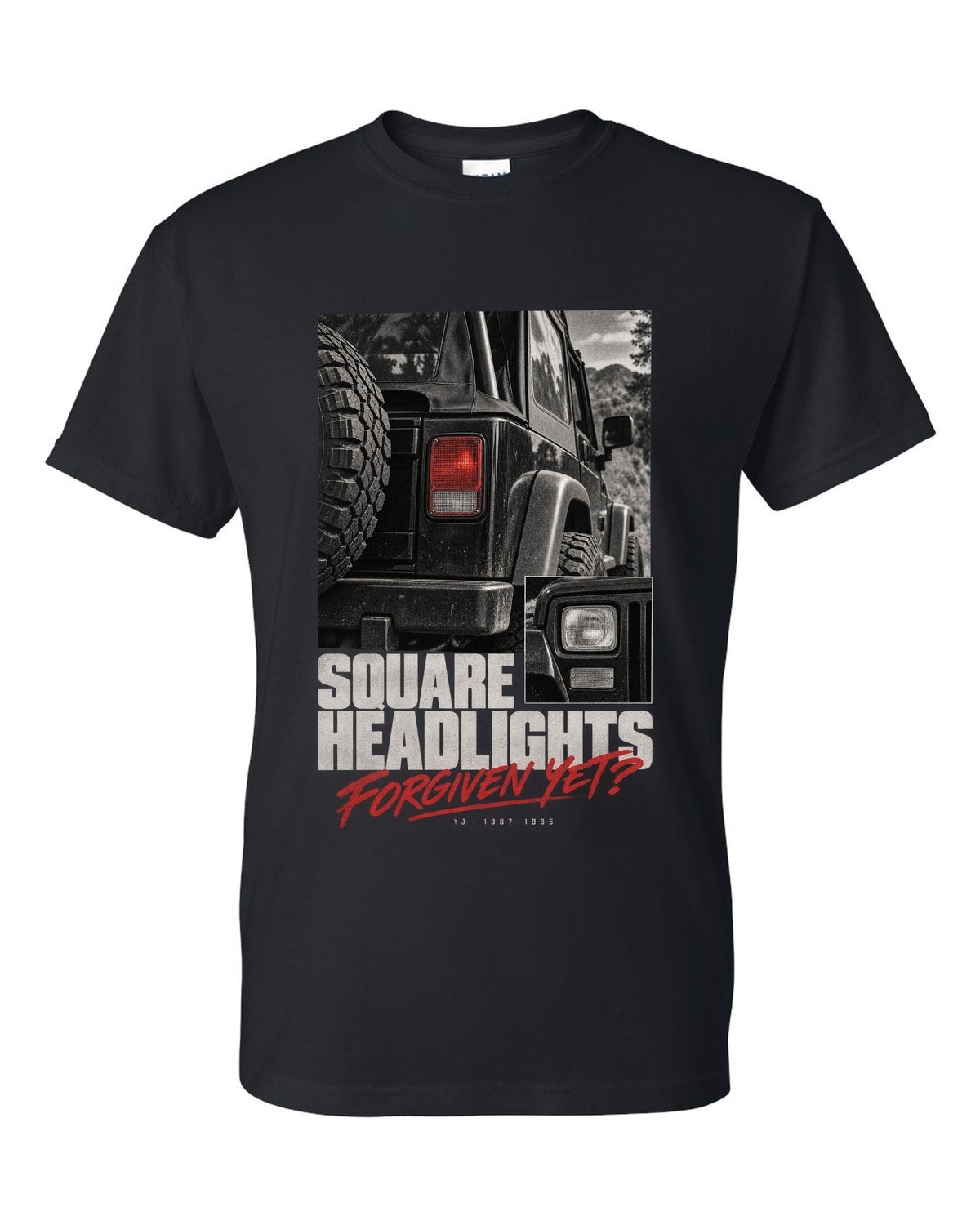 Detail macro print for the Jeep Wrangler YJ square headlights, 1987-1995 black t-shirt front view with the design