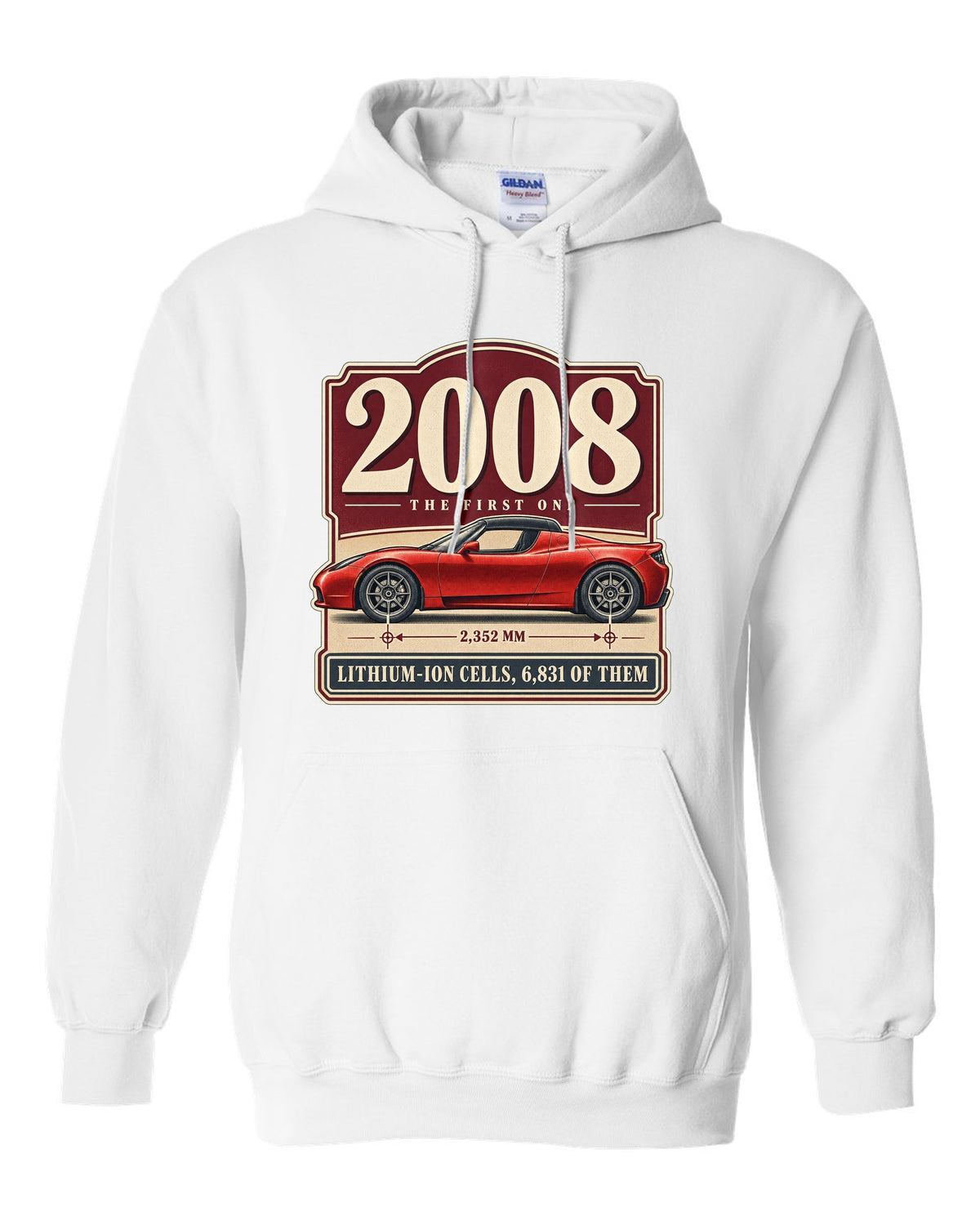 Tesla Roadster 2008 Archive Panel white pull over hoodie front view with the design