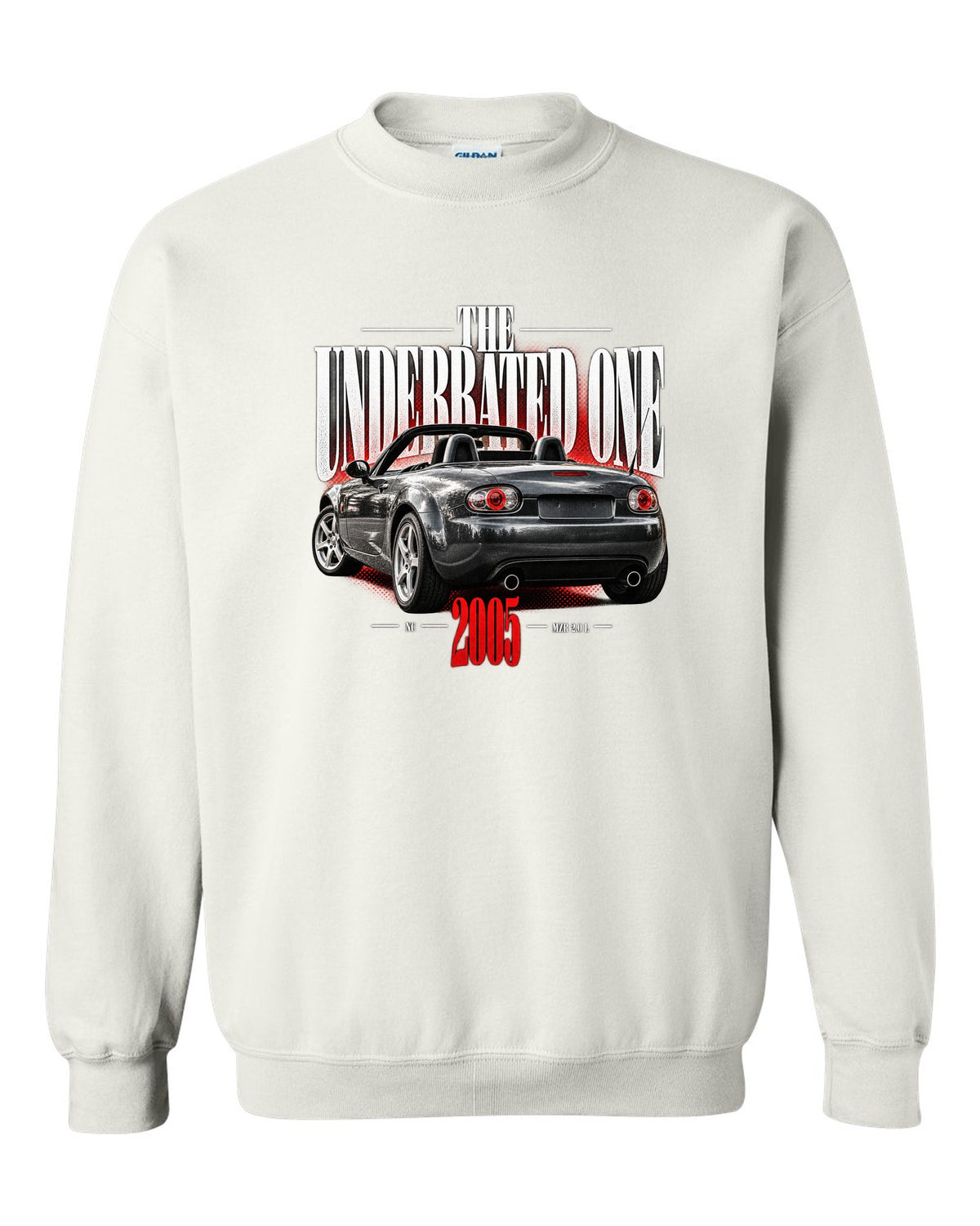 Editorial headline print of a Mazda MX-5 NC with underrated generation lettering white crewneck front view with the design