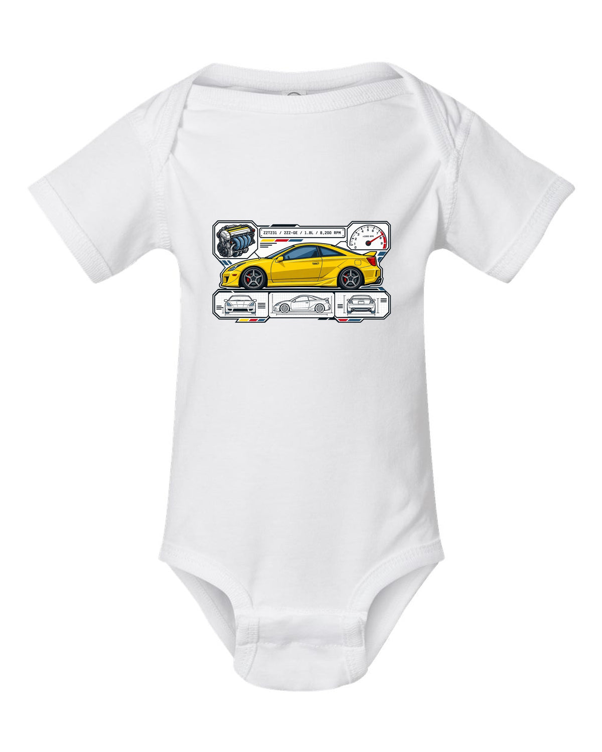 Spec sheet data plate for a Toyota Celica ZZT231 listing 2ZZ-GE, 1.8L and 8,200 RPM white baby onesie front view with the design