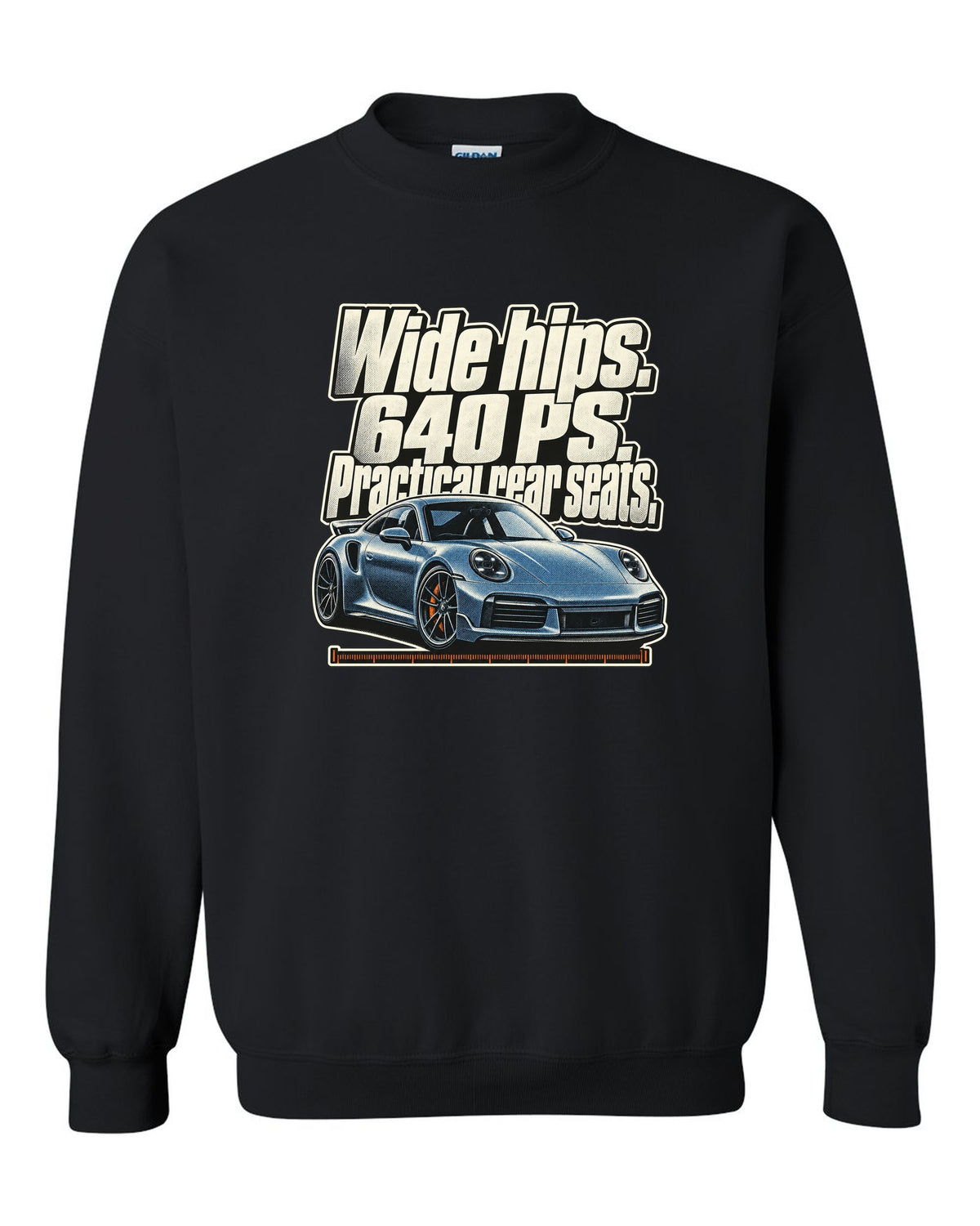 Halftone print of a Porsche 911 Turbo S 992 coupe with a three-line statement black crewneck front view with the design