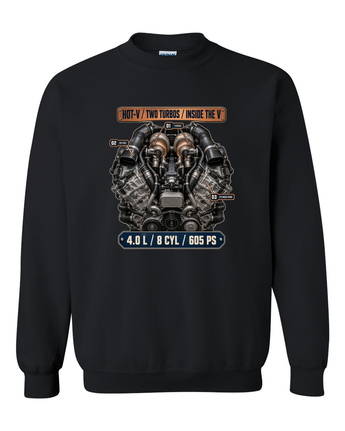 Audi RS7 4.0 TFSI engine bay hero print black crewneck front view with the design