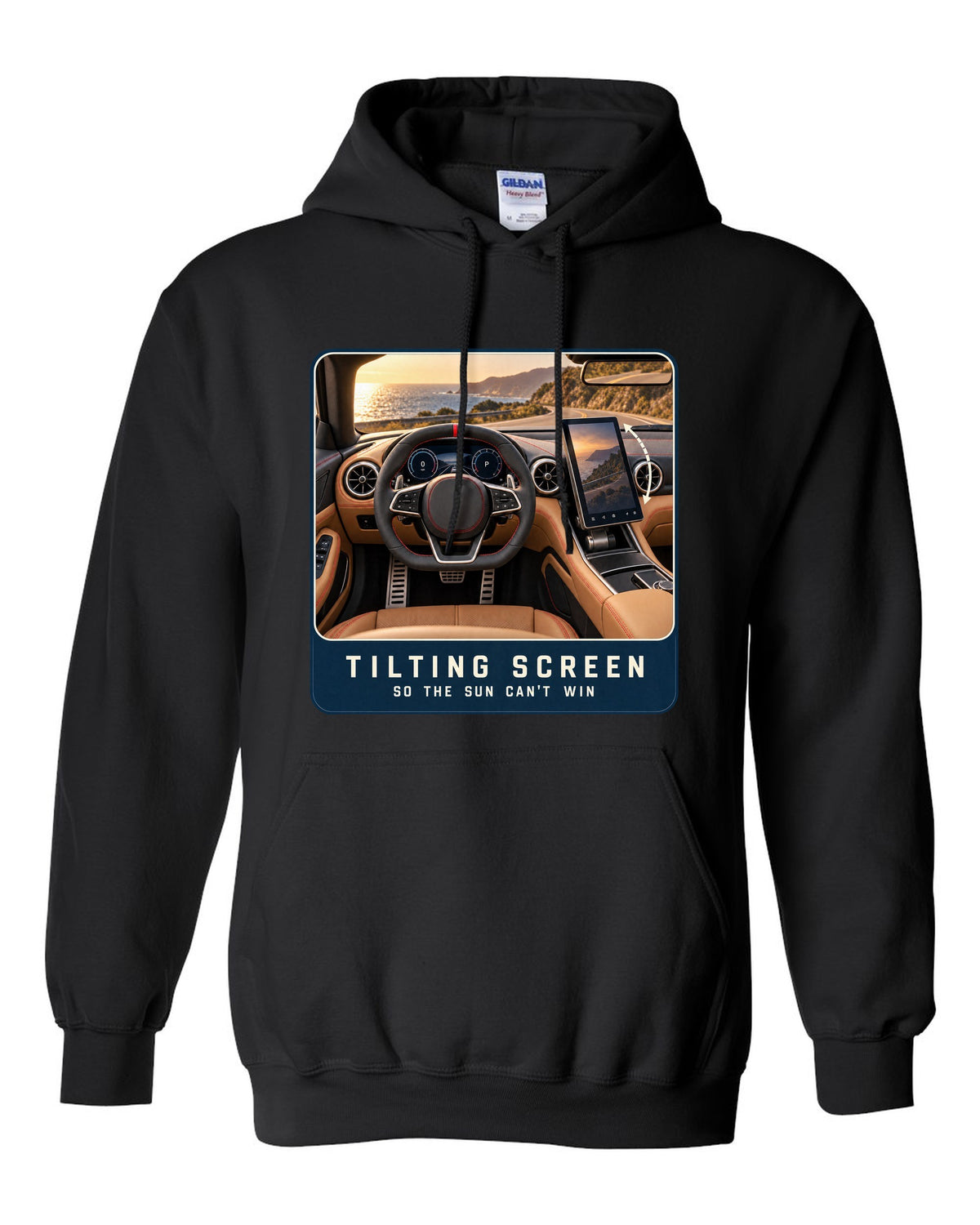 Mercedes-AMG SL63 R232 cockpit driver view with tilting central screen print black pull over hoodie front view with the design