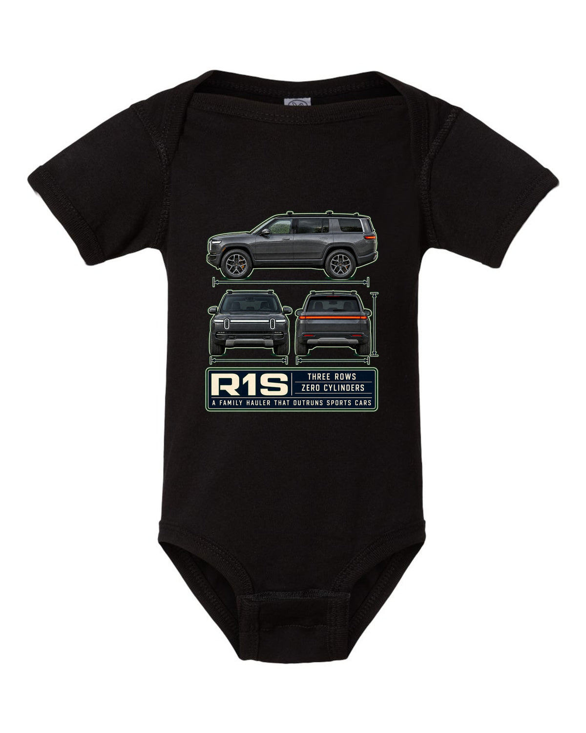 Three-view drawing with spec table print of the Rivian R1S seven-seat electric SUV black baby onesie front view with the design