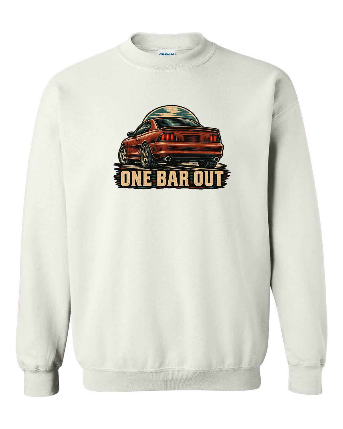 Linocut woodcut print of a 1994-98 SN95 Mustang coupe with One Bar Out text white crewneck front view with the design
