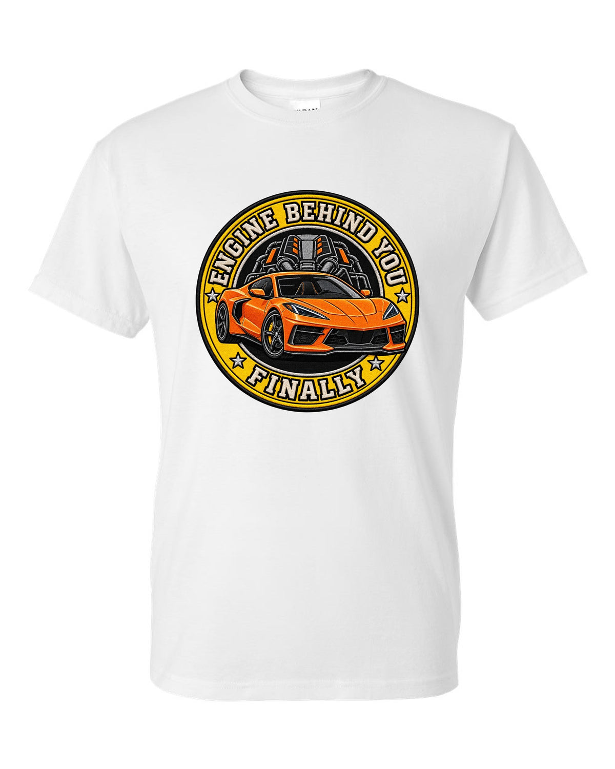 Varsity shield crest print of a 2020 Chevrolet Corvette C8 Stingray with engine behind you finally lettering white t-shirt front view with the design