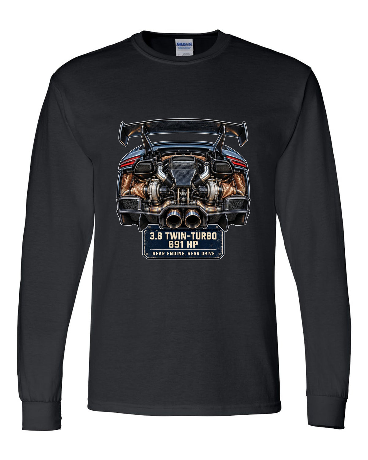 Engine hero print of a Porsche 911 GT2 RS 991.2 twin-turbo flat-six black long sleeve front view with the design