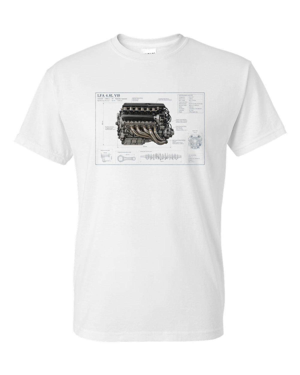 Aero cutaway callouts on the Lexus LFA Nurburgring Package white t-shirt front view with the design