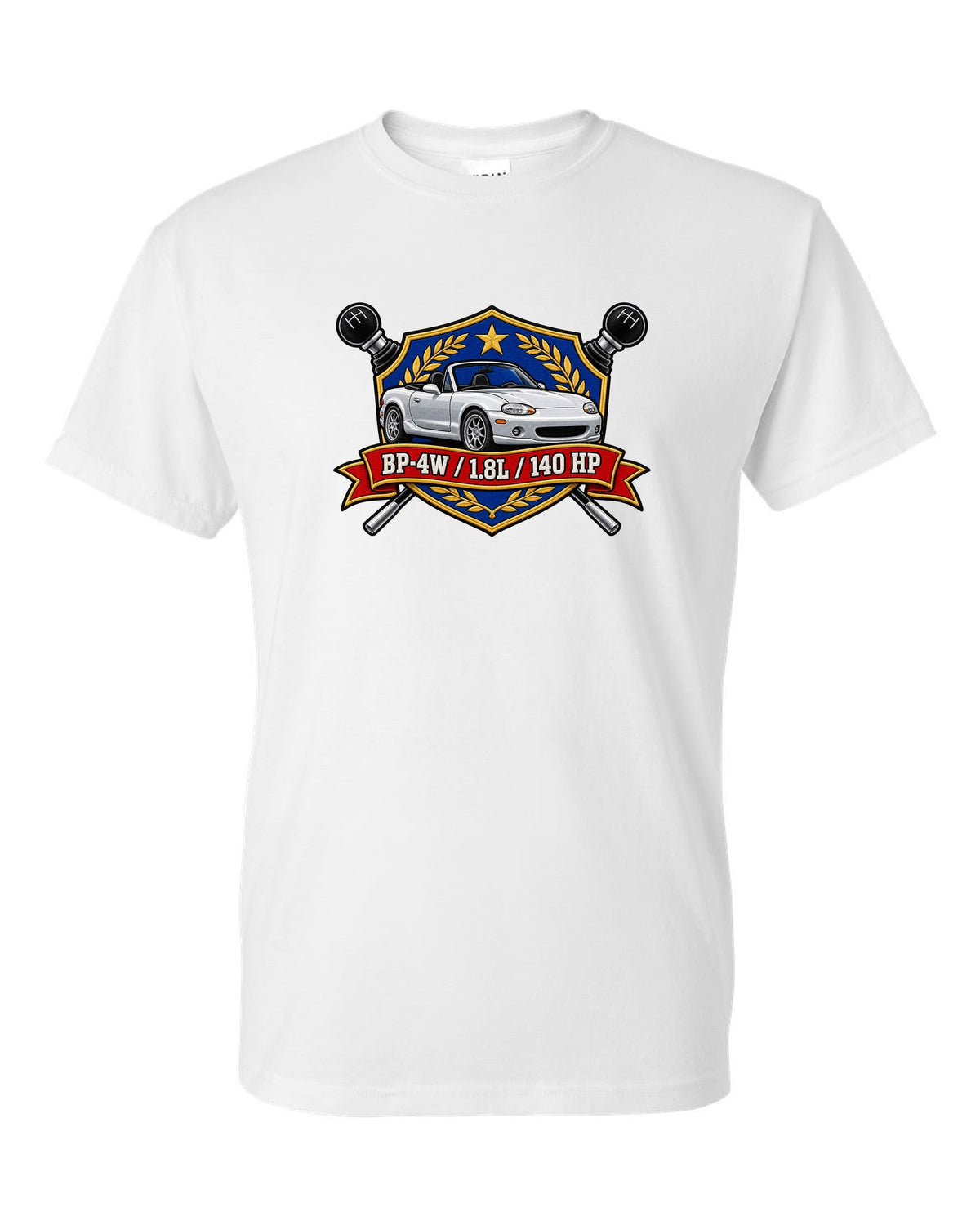 Embroidery-style shield crest of a Mazda MX-5 NB with BP-4W 1.8L 140 HP text white t-shirt front view with the design