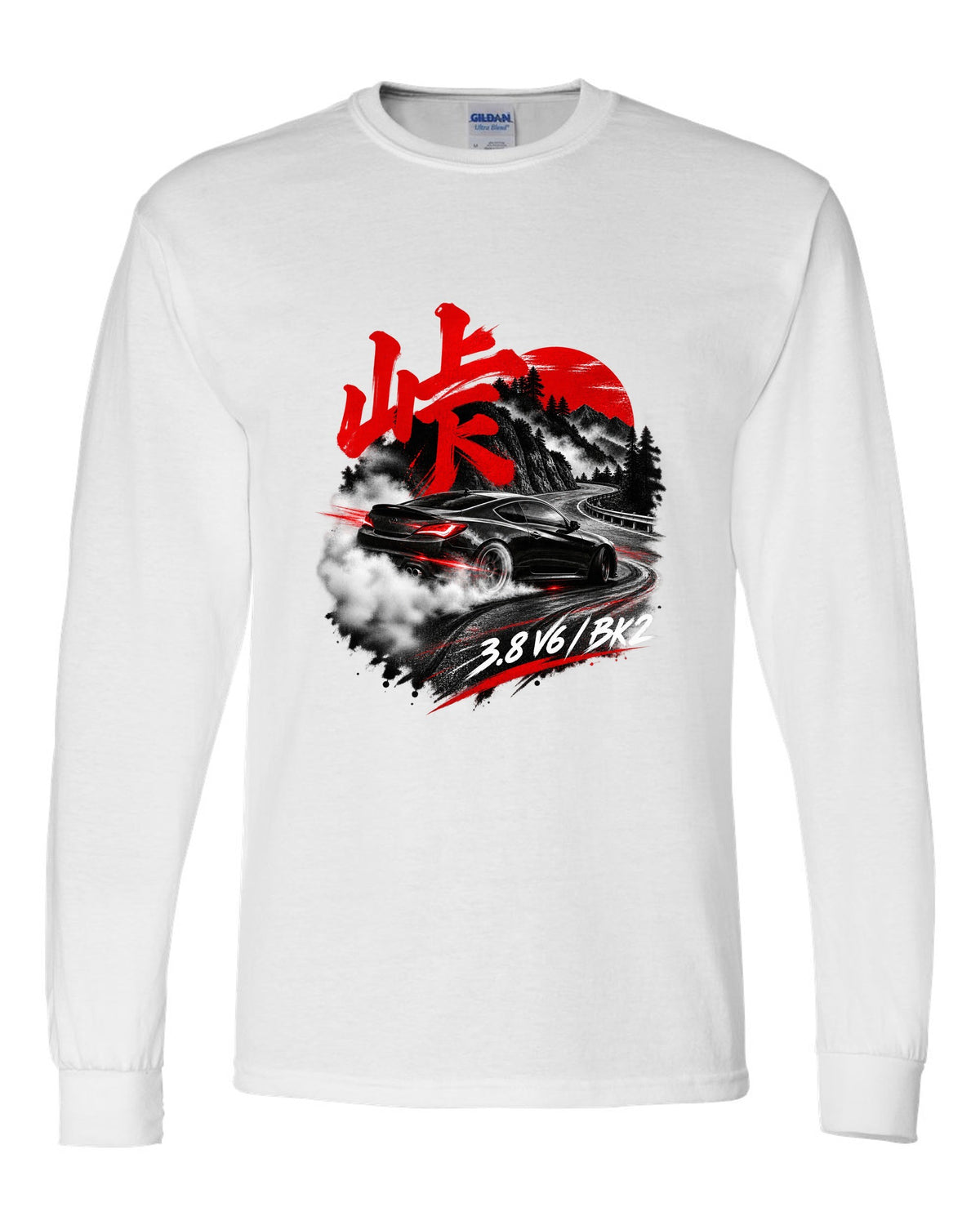 Hyundai Genesis Coupe BK2 on a mountain pass at night with kanji touge text white long sleeve front view with the design
