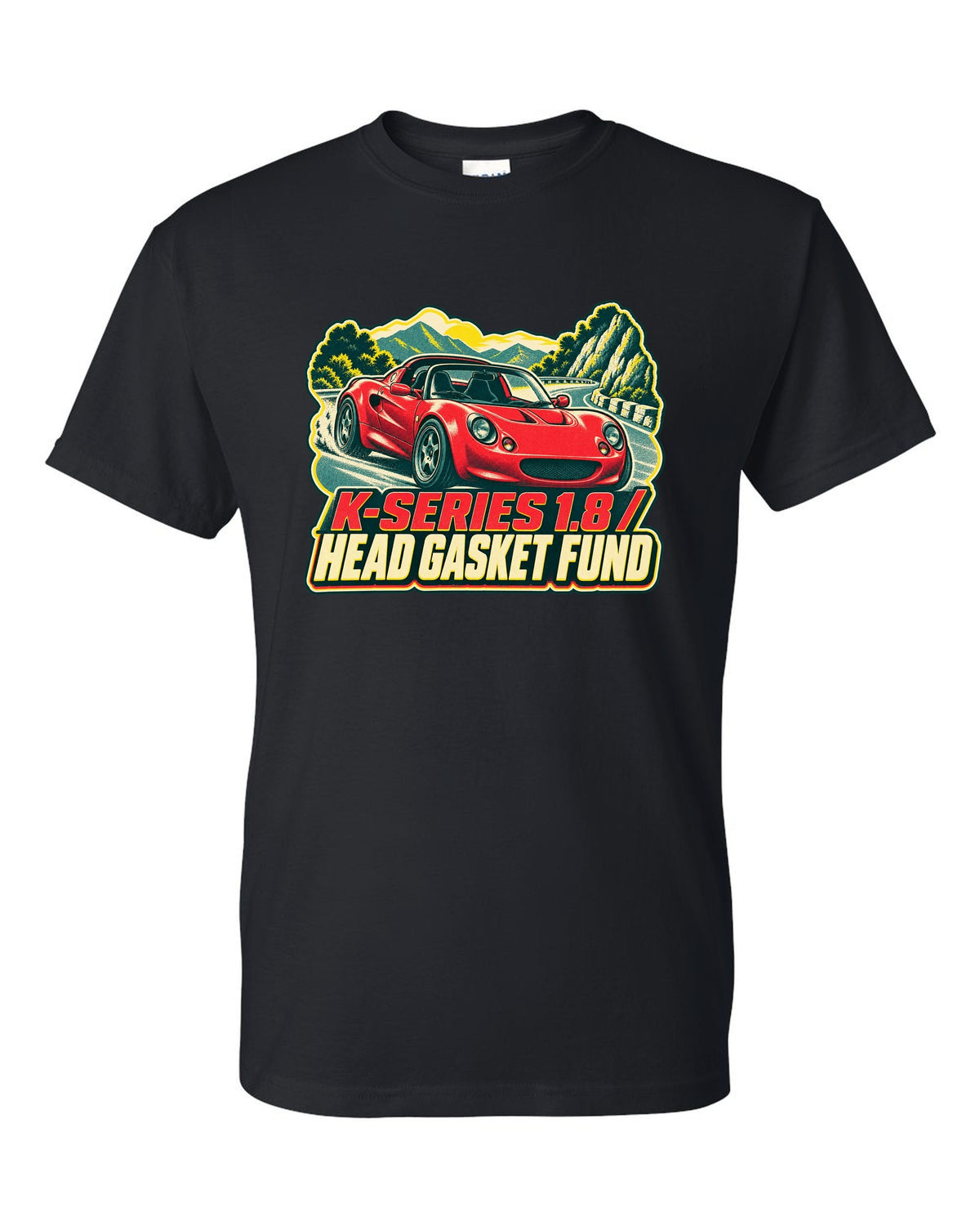 Lotus Elise S1 risograph print with K-Series 1.8 head gasket fund lettering black t-shirt front view with the design