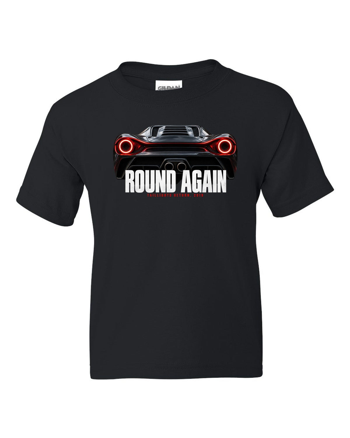 Macro print of Ferrari F8 Tributo round taillights with the text Round Again, Taillights Return, 2019 black kids tee front view with the design