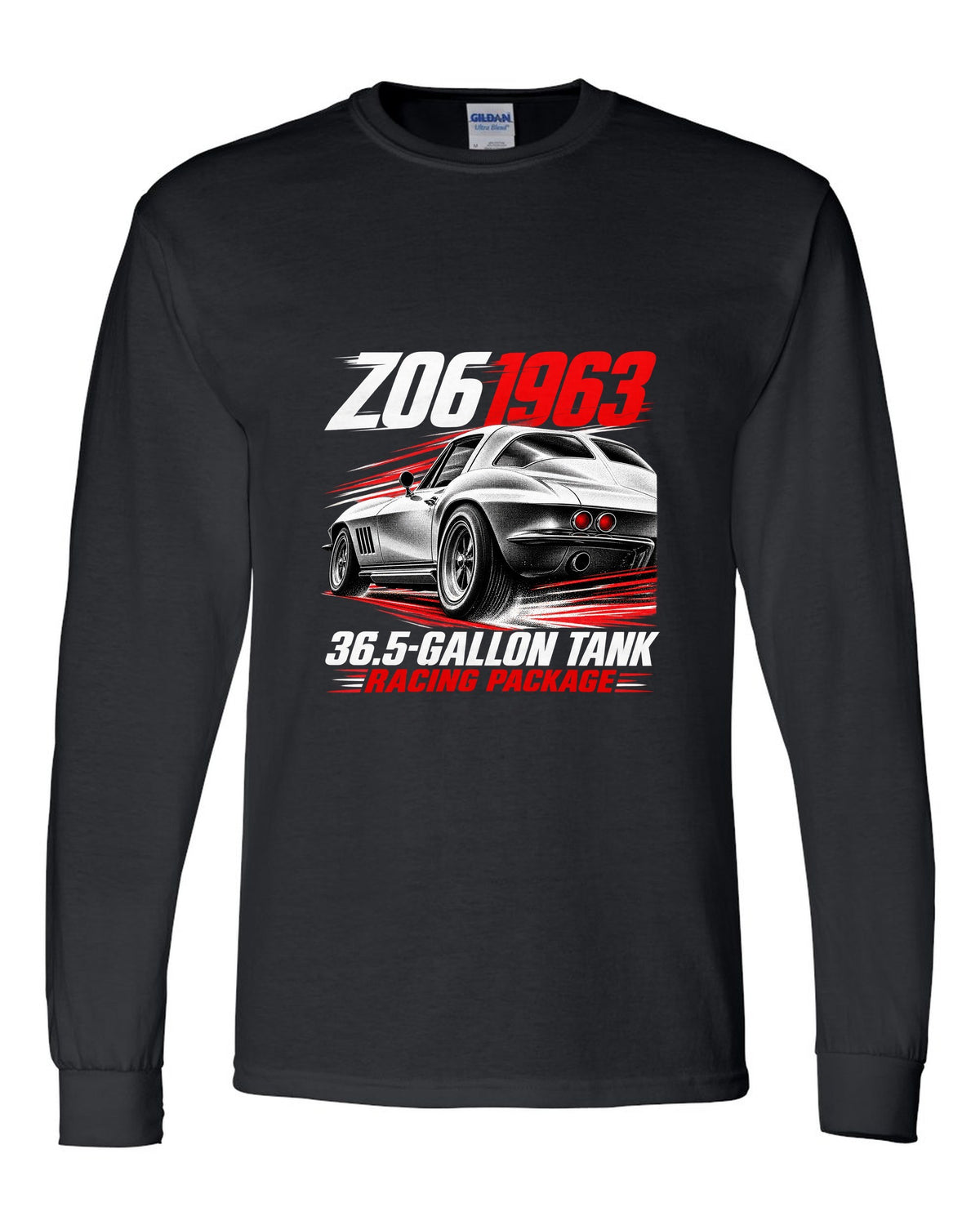 Corvette C2 Sting Ray 1963 Z06 racing package race poster black long sleeve front view with the design