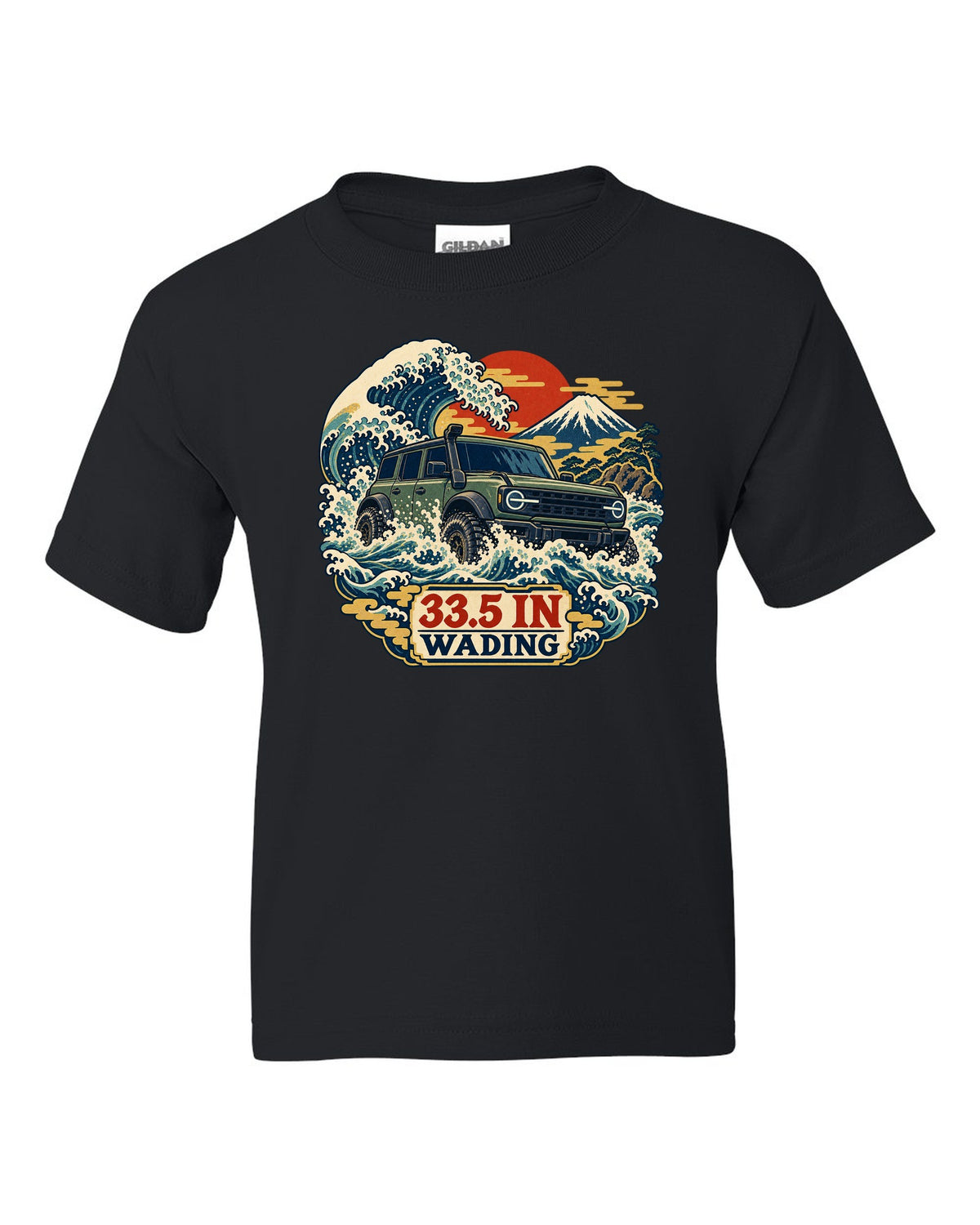 Ford Bronco 6G four-door with snorkel wading a wave in an ukiyo-e print black kids tee front view with the design