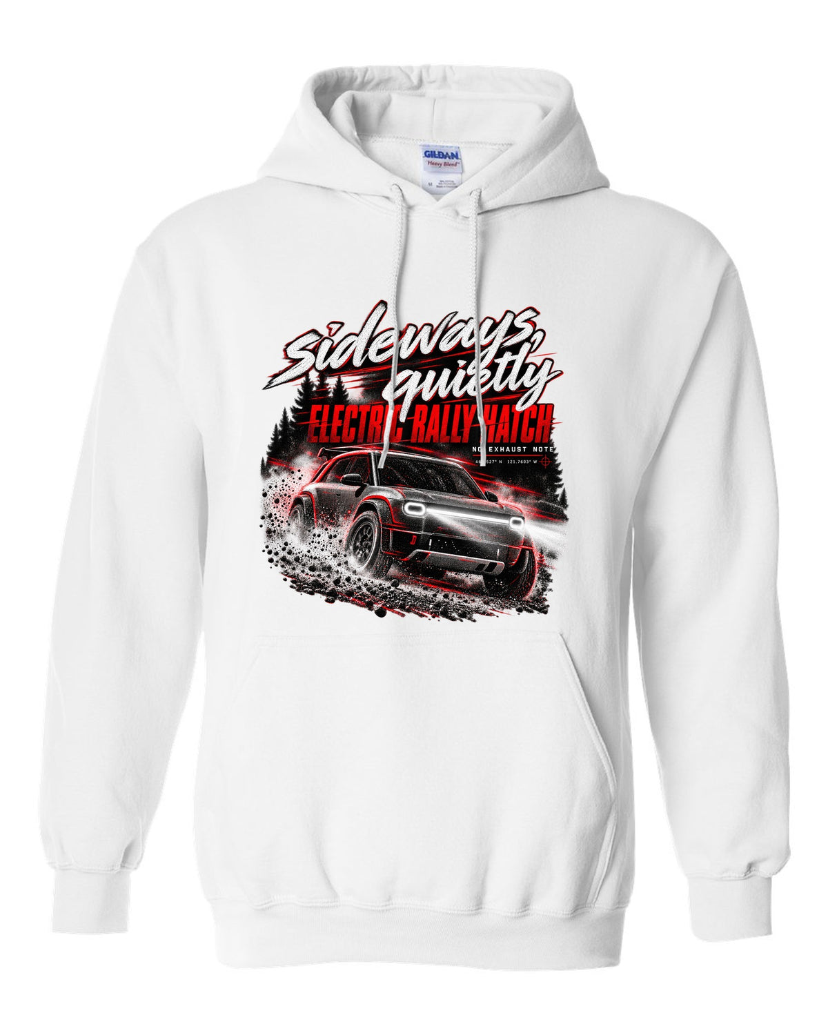 Rivian R3X 2027 sliding on a night touge with the text sideways quietly, electric rally ch white pull over hoodie front view with the design