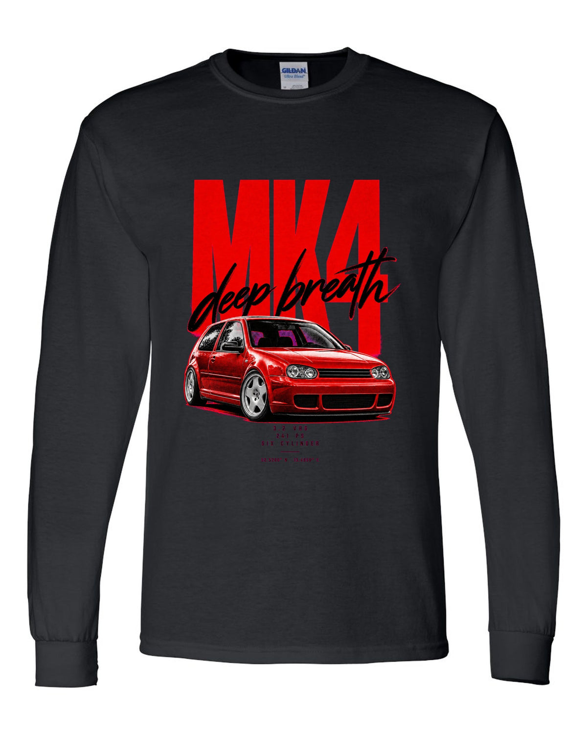 VW Golf R32 Mk4 2002 front three-quarter street poster with 241 PS text black long sleeve front view with the design