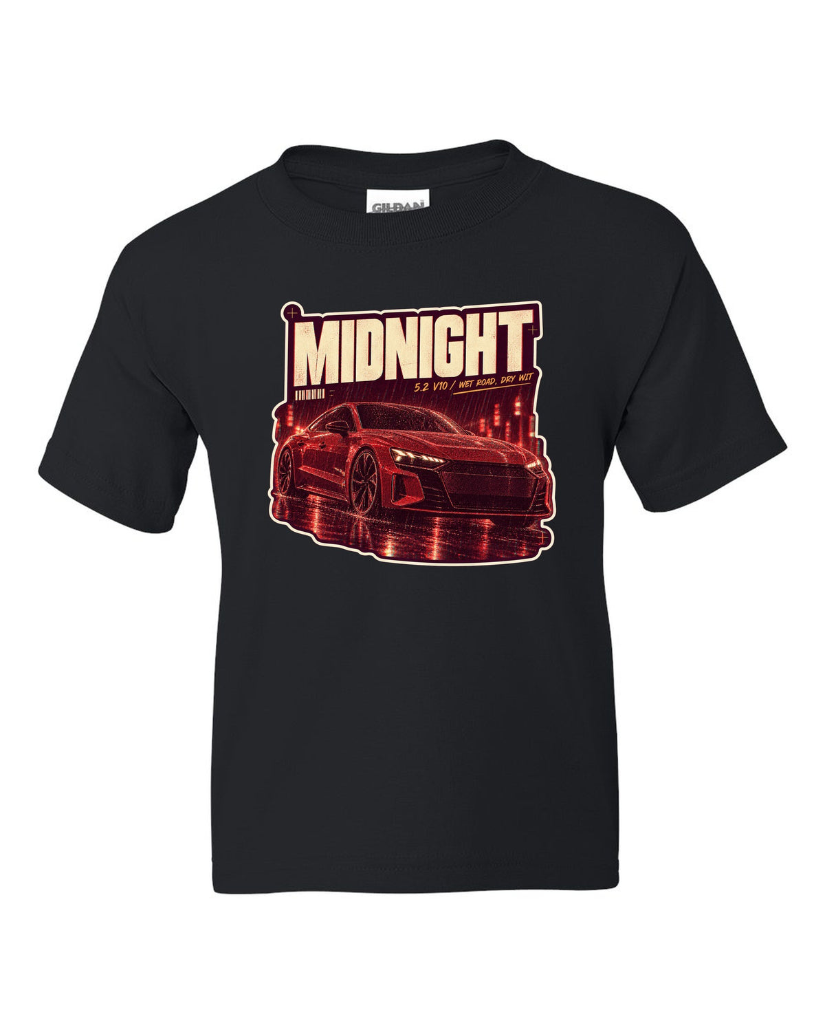 Audi R8 V10 performance on a wet night street print design black kids tee front view with the design
