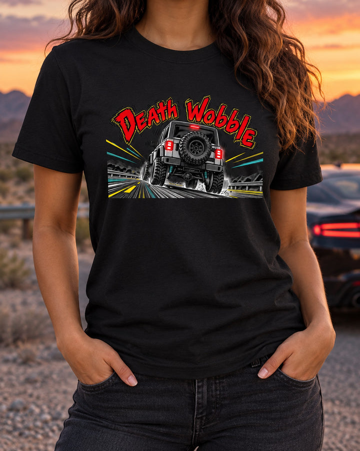 Jeep Wrangler JK Death Wobble Rear Manga Panel Shirt T-Shirt Black worn hero