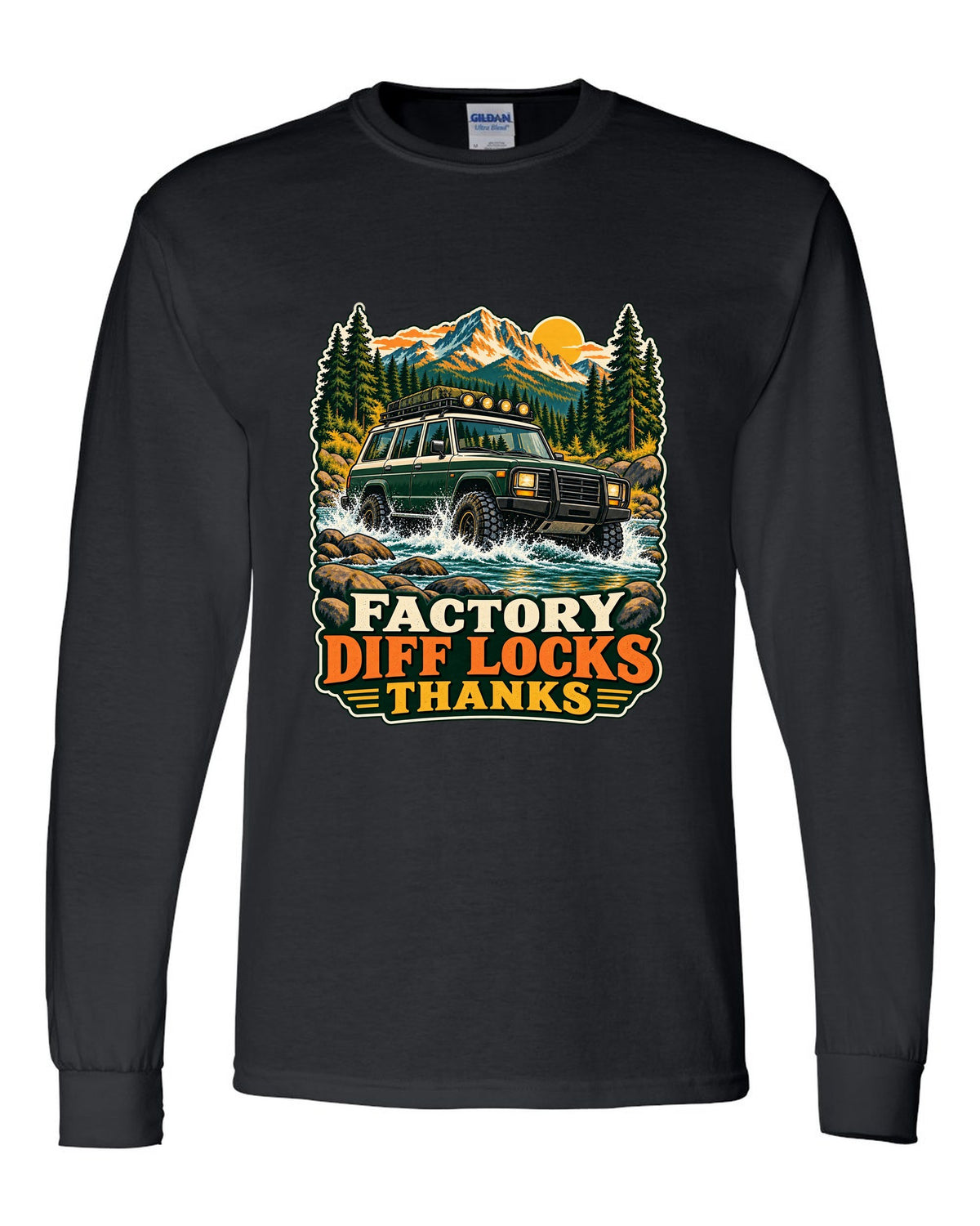 Retro national park poster of a Toyota Land Cruiser FZJ80 crossing a river with diff locks lettering black long sleeve front view with the design