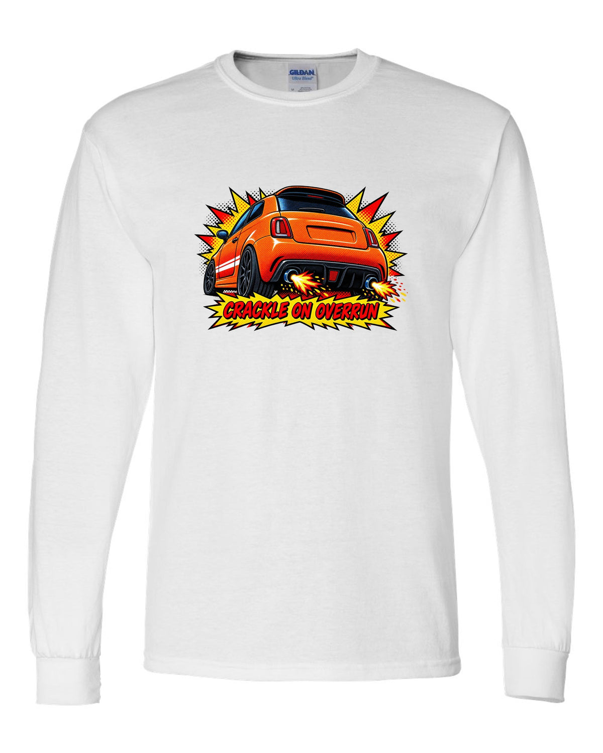Comic halftone art of a Fiat 500 Abarth with crackle on overrun lettering white long sleeve front view with the design