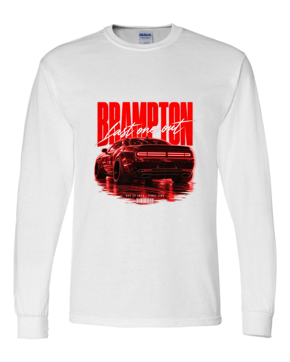 Street poster print of a 2023 Dodge Challenger Widebody with Brampton last one out Dec 22 2023 text white long sleeve front view with the design