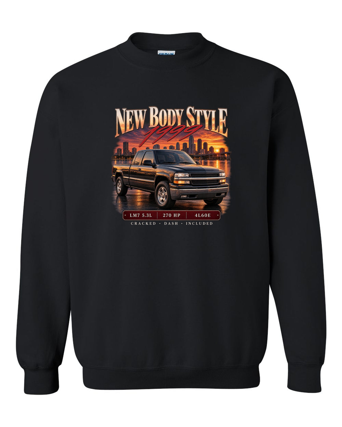 Archive panel print of a 1999-2006 Chevrolet Silverado GMT800 with LM7 5.3L text black crewneck front view with the design