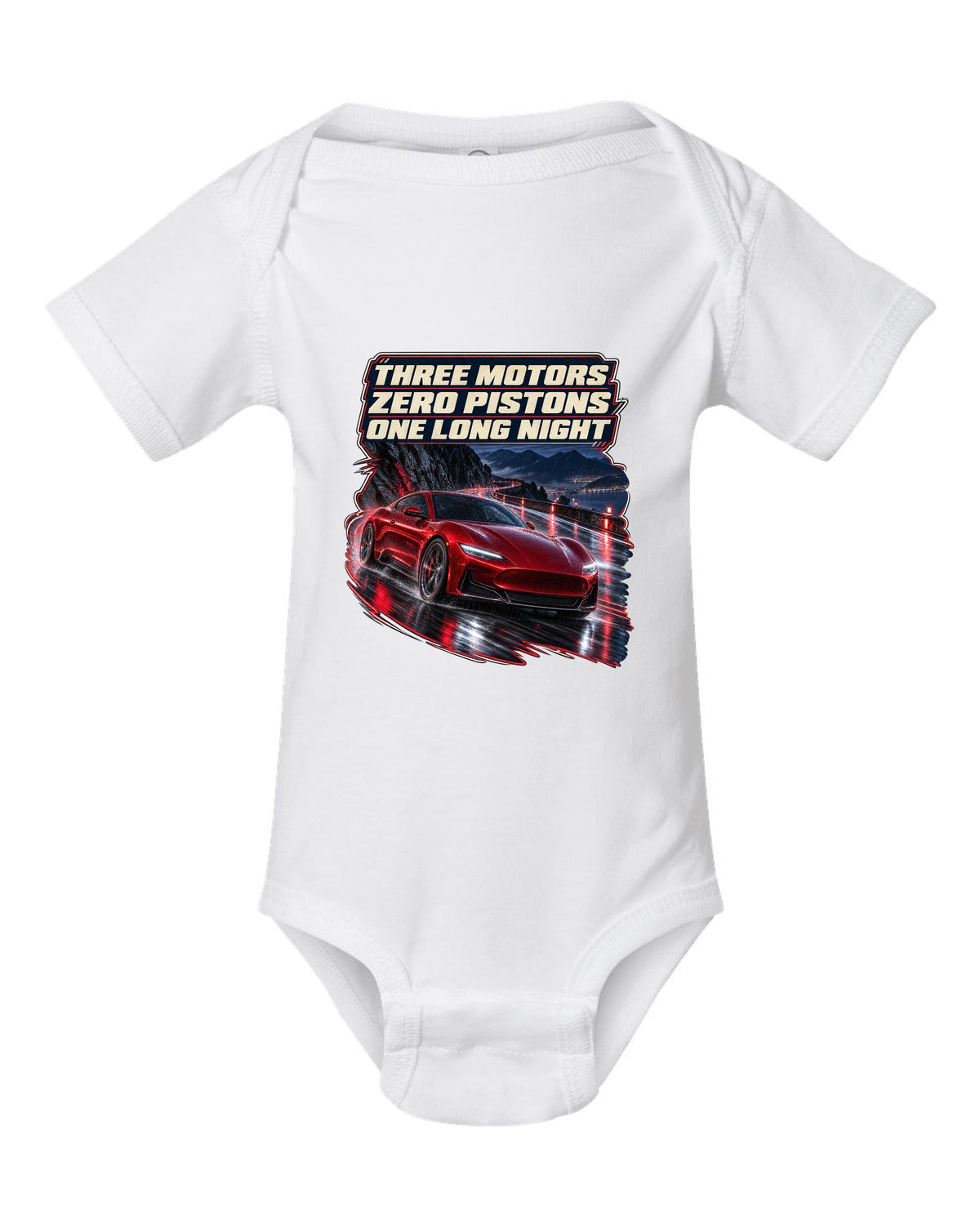 Maserati GranTurismo Folgore night street print white baby onesie front view with the design