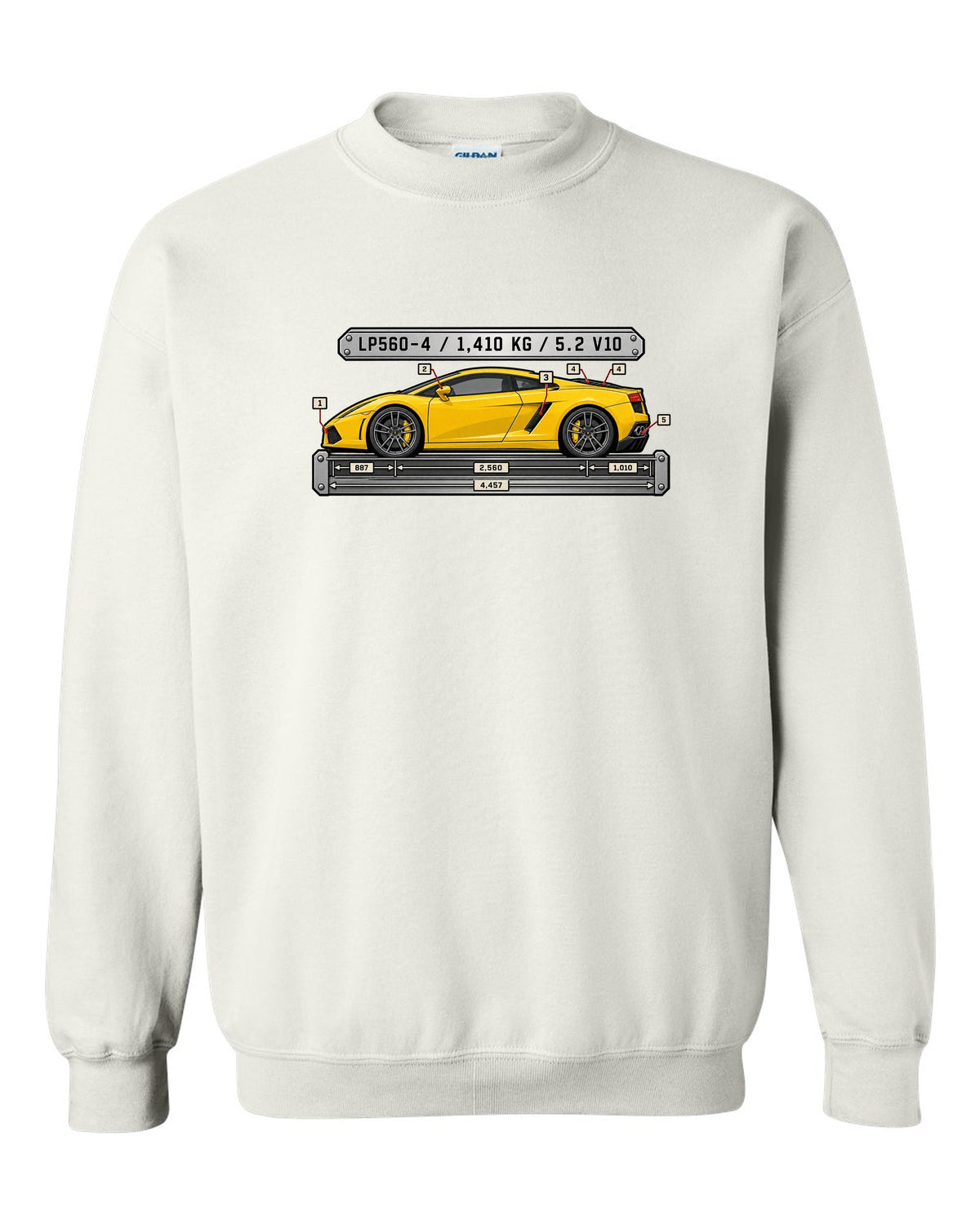 Spec-sheet data plate design for a Lamborghini Gallardo LP560-4 with weight and engine text white crewneck front view with the design