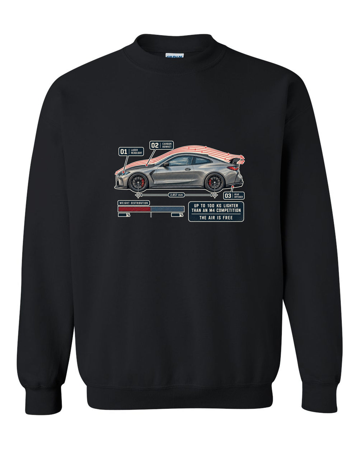 BMW M4 CSL G82 aero flow cutaway print black crewneck front view with the design