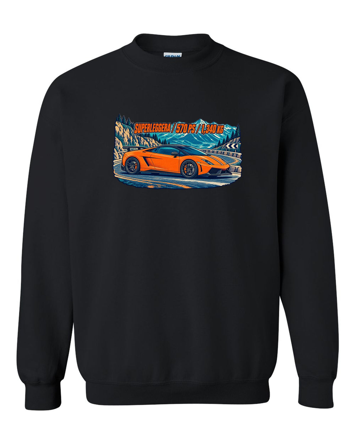 Three-colour risograph design of a Lamborghini Gallardo LP570-4 Superleggera on a mountain pass black crewneck front view with the design