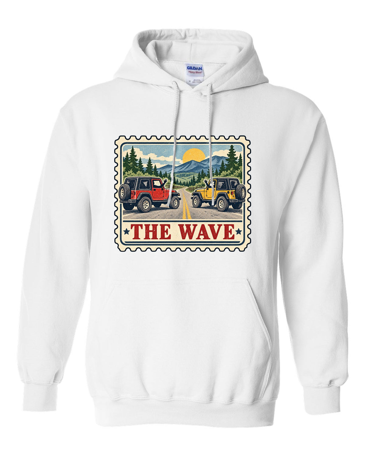 Vintage postage stamp print of a Jeep Wrangler TJ with the words The Wave white pull over hoodie front view with the design