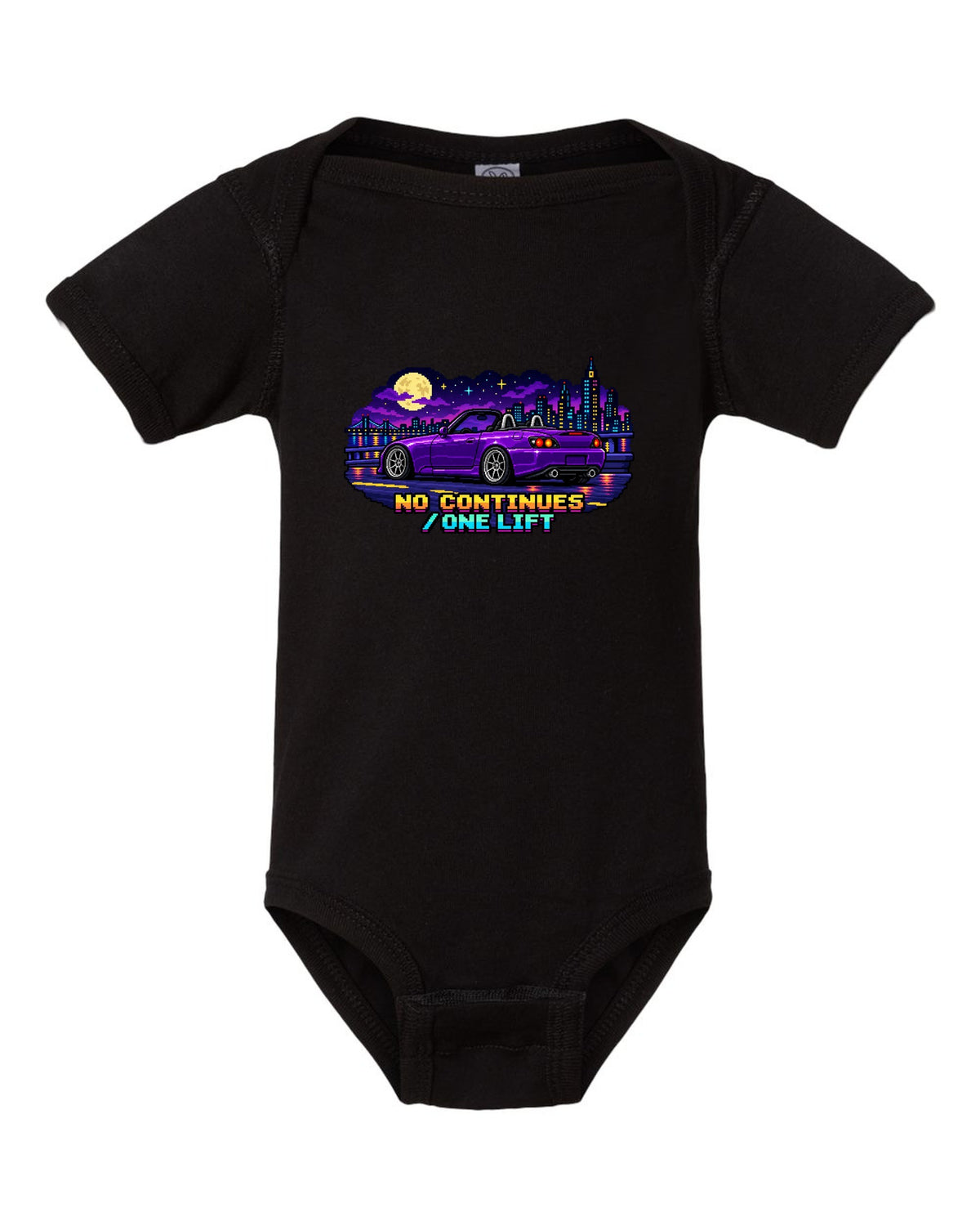 16-bit pixel art Honda S2000 AP2 roadster print with no continues one lift text black baby onesie front view with the design