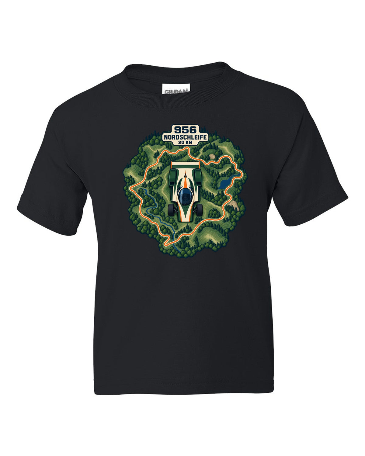 Topographic route map of the Nordschleife with Porsche 956 lettering black kids tee front view with the design